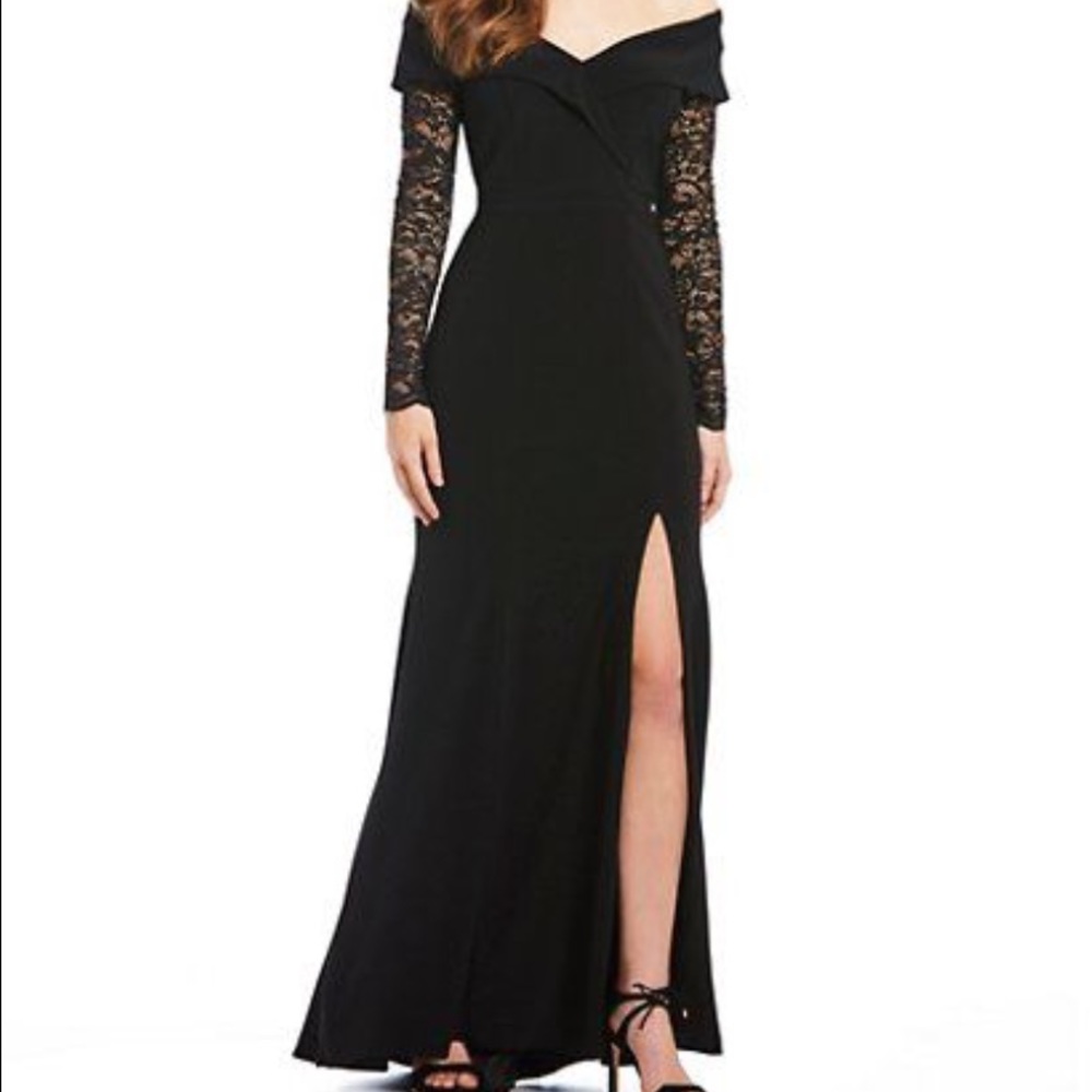 XSCAPE Lace-Sleeve Off-The-Shoulder Gown *NWOT*